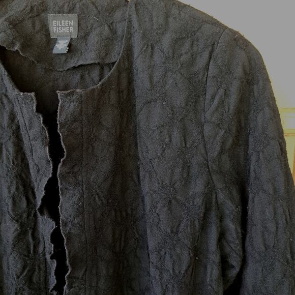 EILEEN FISHER Black Textured Wool Open Front Long Jacket Size Small Minimalist - Picture 7 of 10